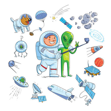 Space objects. Astronaut, rocket, planets, asteroid, UFO, satellite, rover, etc. Funny cartoon character. Vector illustration. Isolated on white backgroundのイラスト素材