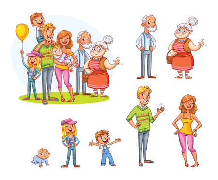 My big family together. Family portrait father, mother, daughter, son, grandparents. Cartoon characters stand together and separately. Vector illustration. Isolated on white backgroundのイラスト素材