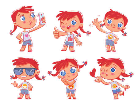 Cute redhead pigtailed girl with different emotions. Emoji Stickers Emotions. Funny cartoon colorful character. Set. Isolated on white background. Vector illustrationのイラスト素材