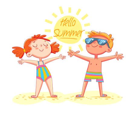 Postcard Hello Summer. Boy and girl sunbathe on the beach standing. Advertising template design. Funny cartoon character. Vector illustration. Isolated on white backgroundのイラスト素材