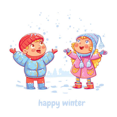 Snowfall. Children enjoy the snow. Boy catching snowflakes on his tongue in the wintertime. Funny cartoon character. Vector illustration. Isolated on white backgroundのイラスト素材