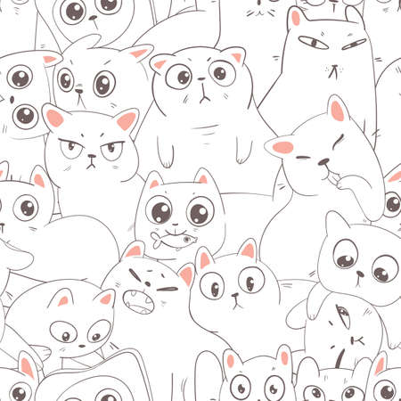 Seamless pattern with cats. Funny cartoon character. Vector illustration. White backgroundのイラスト素材