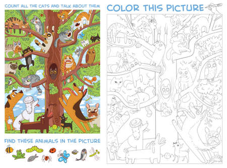 Funny cats sit on a high tree. Count all the cats and talk about them. Find animals in the picture. Puzzle Hidden Items. Coloring book. Funny cartoon character. Vector illustrationのイラスト素材