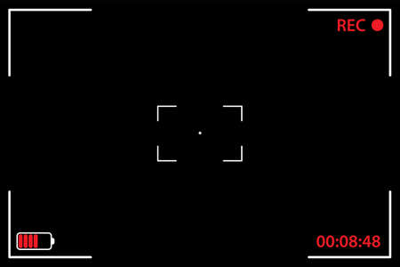 Camera viewfinder black background. UI elements - recording label, battery icon, time indicator, crosshair, scanlines. Vector illustration template Recording Videoのイラスト素材
