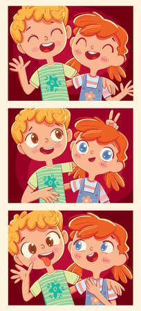 Series of photos from photo booths. Kids fun grimace on camera. Funny cartoon character. Vector illustrationのイラスト素材