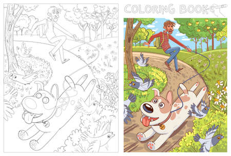 Dog pulls the leash with its owner. Walk in the park. Funny cartoon character. Vector illustration. Coloring bookのイラスト素材