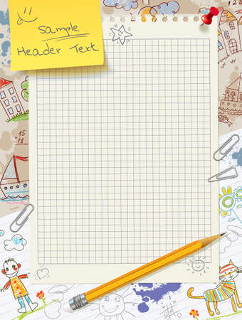 Template for design in children style. Blank notepad sheet on the background of children drawings and scribbles. Empty page from a kids diary. Sketchbook page and pencilのイラスト素材