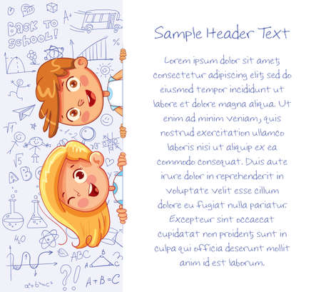 Schoolchild are holding banner on background of children drawings. School pattern. Template for advertising brochure. Ready for your message. Kids background for your design. Funny cartoon characterのイラスト素材