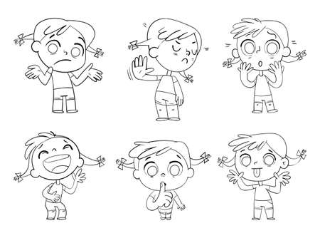 Cute girl with pigtails in a variety of emotional states. Black and White drawing. Funny cartoon character. Isolated on white background. Coloring book. Vector illustrationのイラスト素材