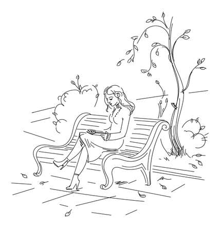 Girl reading a book sitting on the bench in autumn park. Line style drawing. Black and white sketch hand-drawn. Freehand drawing. Vector illustration. Isolated on white backgroundのイラスト素材