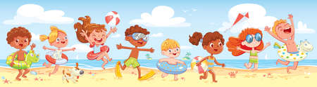 Children have fun running on the beach. Kid with inflatable rubber circle run to sea. Summer time. Seamless panorama of summer sea beach. Funny cartoon character. Vector illustrationのイラスト素材