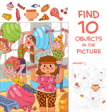 Find 10 objects in the picture. Puzzle Hidden Items. A group of girls are engaged in fitness. Funny cartoon characterのイラスト素材