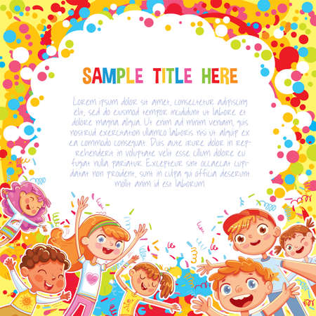Promotional poster or banner template for a childrens event. Advertising holiday template. Kids have fun jumping and dancing on confetti background. Kids party. Ready made design for a theme parkのイラスト素材