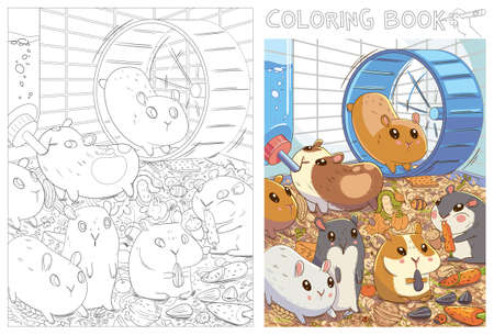 Caged hamsters. Funny cartoon character. Vector illustration. Coloring bookのイラスト素材