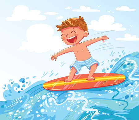 Young boy surfing on sea. Child on surf board on ocean wave. Kid swimming with body board. Active water sports for kids. Funny cartoon character. Vector illustrationのイラスト素材