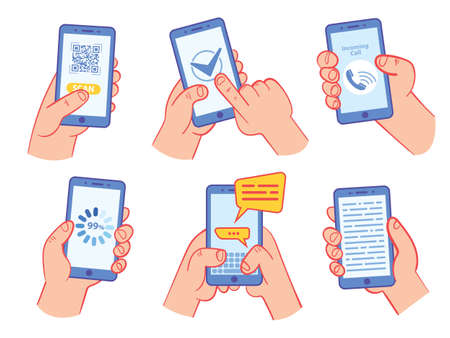 Hand holding smartphone with QR code, page load, online survey, internet voting, chatting, incoming call, screen reading, Internet access. Vector illustration. Isolated on white backgroundのイラスト素材