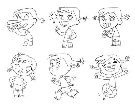Cute girl with pigtails in a variety of emotional states. Black and White drawing. Funny cartoon character. Isolated on white background. Coloring book. Vector illustrationのイラスト素材