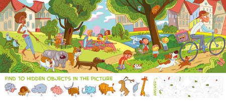 Rest in city park. Panorama. Find 10 hidden objects in the picture. Puzzle Hidden Items. Funny cartoon character. Vector illustrationのイラスト素材