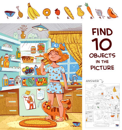 Find 10 objects in the picture. Puzzle Hidden Items. Girl in pajamas eating a piece of cake near the refrigerator. Funny cartoon characterのイラスト素材