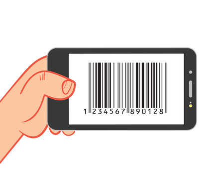 Scan Barcode to Mobile Phone. Hand holding smartphone. Cartoon character. Vector illustration. Isolated on white backgroundのイラスト素材