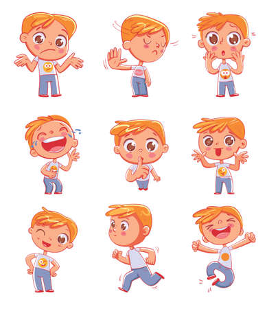 Cute little boy with different emotions. Emoji Stickers Emotions. Funny cartoon colorful character. Set for online communication, networking, social media chat, mobile message. Isolated on whiteのイラスト素材