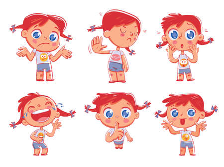 Cute redhead pigtailed girl with different emotions. Emoji Stickers Emotions. Funny cartoon colorful character. Set. Isolated on white background. Vector illustrationのイラスト素材