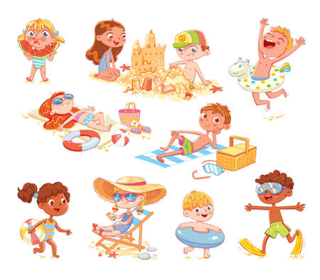 Set of summer scenes with children. Vacation at sea. Children swim with inflatable ring, swimming mask and flippers, sunbathe on the beach, build sand castle, eat watermelon. Funny cartoon characterのイラスト素材