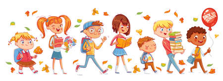 School time. Children go to school. Seamless panorama. Funny cartoon character. Vector illustration. Isolated on white backgroundのイラスト素材