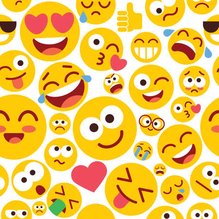 Emoji seamless pattern on a white background. Set of Emoticons with different emotions. Funny cartoon colorful Smileysのイラスト素材