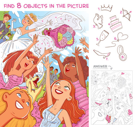 Find 8 objects in the picture. Puzzle Hidden Items. Bridesmaids catch a bride bouquet at a wedding. Throw bouquet wedding. Funny cartoon characterのイラスト素材