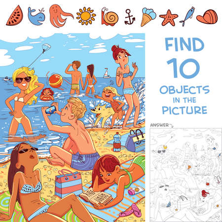 Find 10 objects in the picture. Puzzle Hidden Items. Young people relax on the beach. Funny cartoon characterのイラスト素材