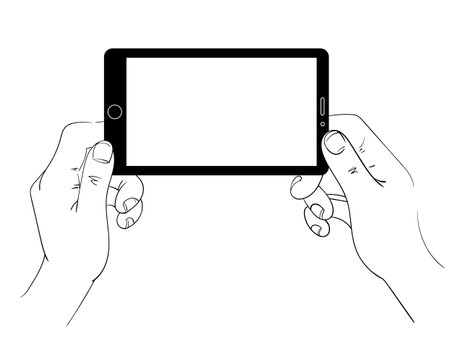 Hold smartphone in hands. Black and white linear illustration. Concept design. Vector illustration. Isolated on white backgroundのイラスト素材