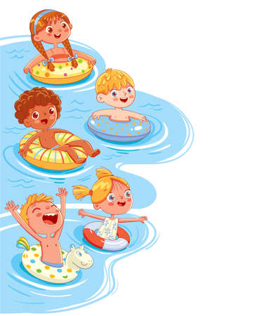 Children swim in a sea or a pool on lifebuoys and inflatable rubber circles. Page layout template for your design. Template for advertising brochure. Ready for your message. Funny cartoon characterのイラスト素材