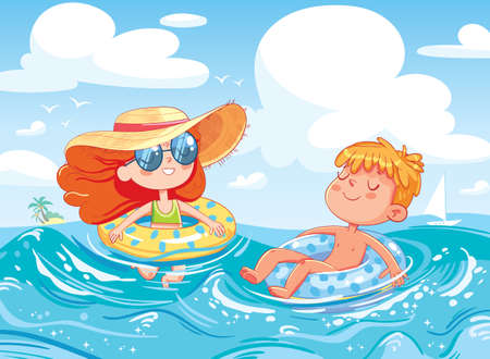 Children enjoy their rest in the sea. Kid swim in the ocean on inflatable rubber circle. Swinging on wave. Funny cartoon character. Vector illustrationのイラスト素材