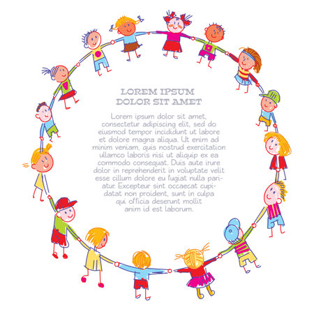 Childrens drawing a round dance, made with colored chalks. International Childrens Day or Earth Day. International friendship day. Multicultural kids in the circle. Template for advertising brochureのイラスト素材