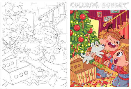 Children presented a puppy for Christmas. Funny cartoon character. Vector illustration. Coloring bookのイラスト素材