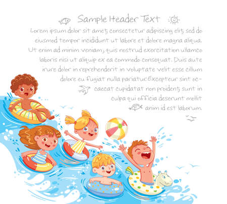 Children swimming and jumping on the waves. Kids having fun on water slides tubes at aquapark. Summer time. Page layout template for your design. Advertising brochure. Ready for your messageのイラスト素材