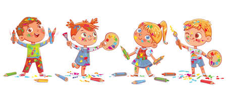 Group of children are holding artist's palette, paint brushes and pencils. Children smeared in paint. Funny kids get dirty in the paint while drawing. Panorama. Funny cartoon character. Vector illustration. Isolated on white backgroundのイラスト素材