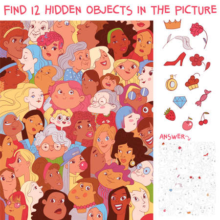 Variety women. Diverse female faces. International women day. Find 12 hidden objects in the picture. Puzzle Hidden Items. Funny cartoon character. Vector illustrationのイラスト素材