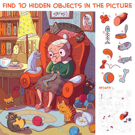 Find 10 hidden objects in the picture. Grandmother sitting on the armchair and knits socks surrounded by her cats. Puzzle Hidden Items. Funny cartoon characterのイラスト素材