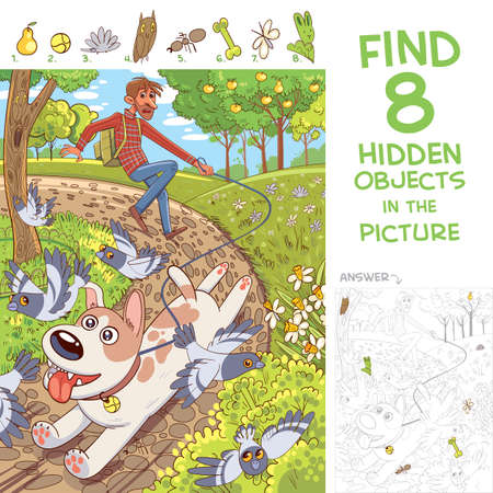 Dog pulls leash with its owner. Walk in the park. Find 8 hidden objects in the picture. Puzzle Hidden Items. Funny cartoon characterのイラスト素材