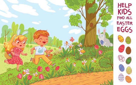 Egg hunt. Help the children find 10 hidden Easter eggs in the meadow. Puzzle Hidden Items. Funny cartoon characterのイラスト素材