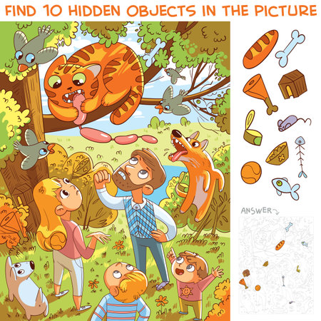 Cat stole sausage and climbed a tree. Hungry thief. Find 10 hidden objects in the picture. Puzzle Hidden Items. Funny cartoon characterのイラスト素材