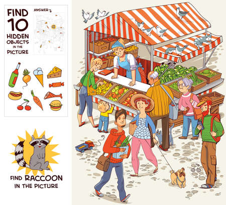 Group of people near the trade tent. Find Raccoon. Find 10 hidden objects in the picture. Puzzle Hidden Items. Funny cartoon character. Vector illustration. Setのイラスト素材