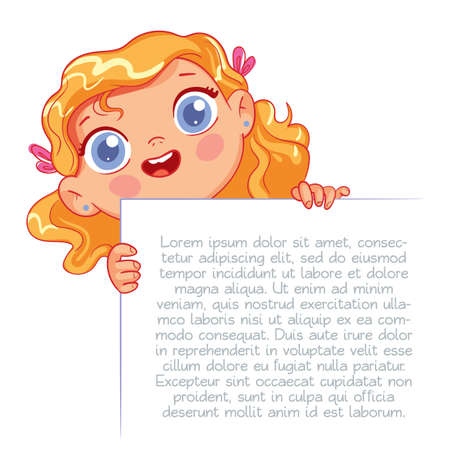 Girl holds the poster. Template for advertising brochure. Ready for your message. Space for text. Funny cartoon character. Vector illustration. Isolated on white backgroundのイラスト素材