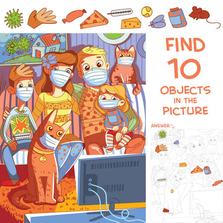 Find 10 objects in the picture. Puzzle Hidden Items. Family with children and pets sitting at home in protective masks on self-isolation and watching TV. Funny cartoon characterのイラスト素材