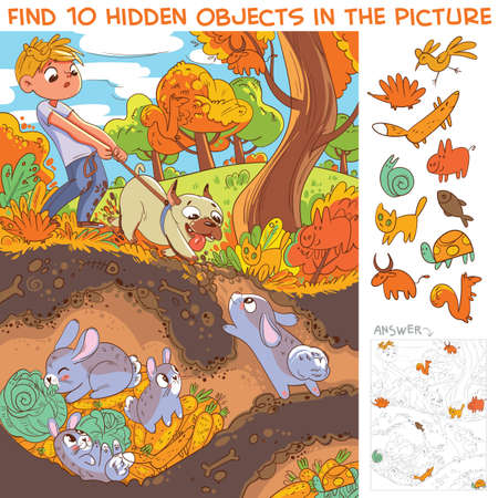 Dog pulls leash with its owner. Dog digs a rabbit hole. View hare house underground. Find 10 hidden objects in the picture. Puzzle Hidden Items. Funny cartoon characterのイラスト素材