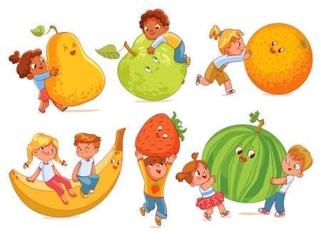 Small children holding big fruitsのイラスト素材
