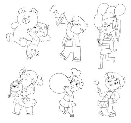 Kids in kindergarten play with their favorite toys. Coloring bookのイラスト素材