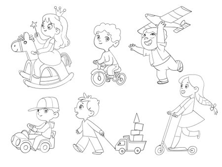 Kids in kindergarten play with their favorite toys. Coloring bookのイラスト素材